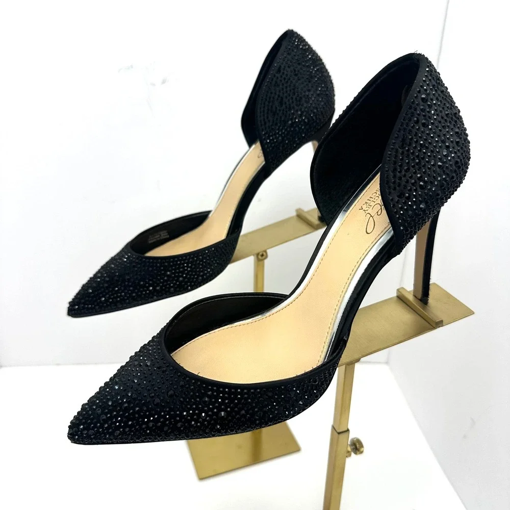 Jewel Badgley Mischka Black Rhinestone d'Orsay Pointed Toe Stiletto Pumps Size 8